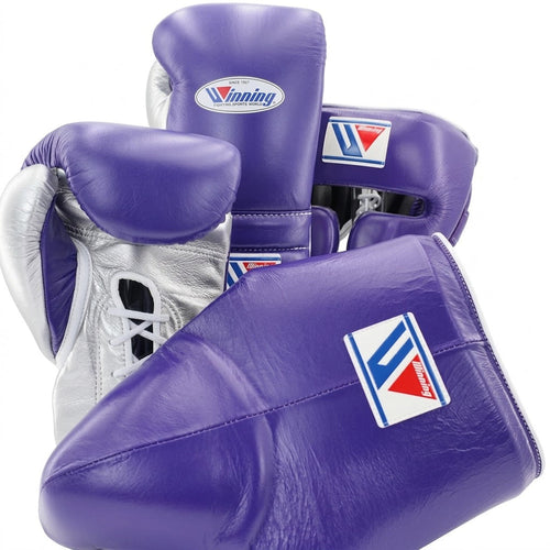 Winning purple boxing set with silver palm lace-up gloves, headgear and groin guard with W logo