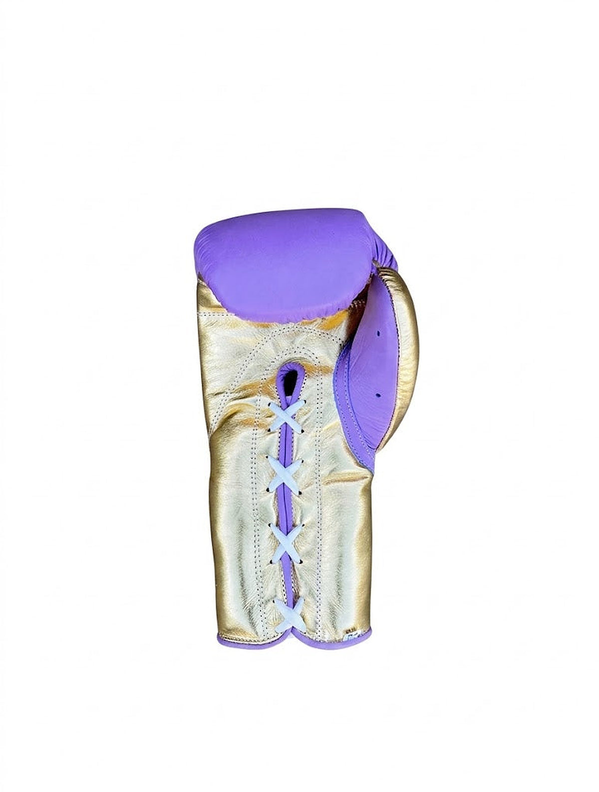 No Boxing No Life lavender purple lace-up boxing gloves with metallic gold palm and cuff - side view