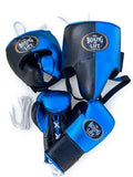 No Boxing No Life lace-up boxing set split black and metallic royal blue, with headgear and groin guard