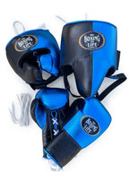 No Boxing No Life lace-up boxing set split black and metallic royal blue, with headgear and groin guard