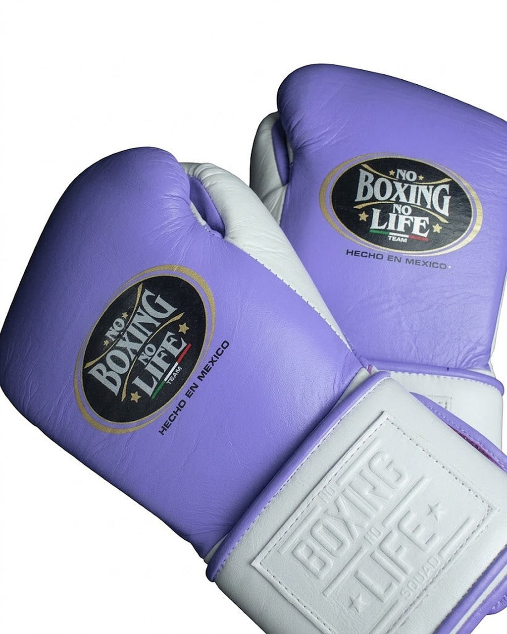 No Boxing No Life soft lilac purple lace-up boxing gloves with a white embossed cuff
