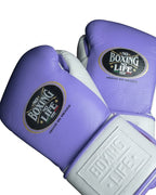 No Boxing No Life soft lilac purple lace-up boxing gloves with a white embossed cuff