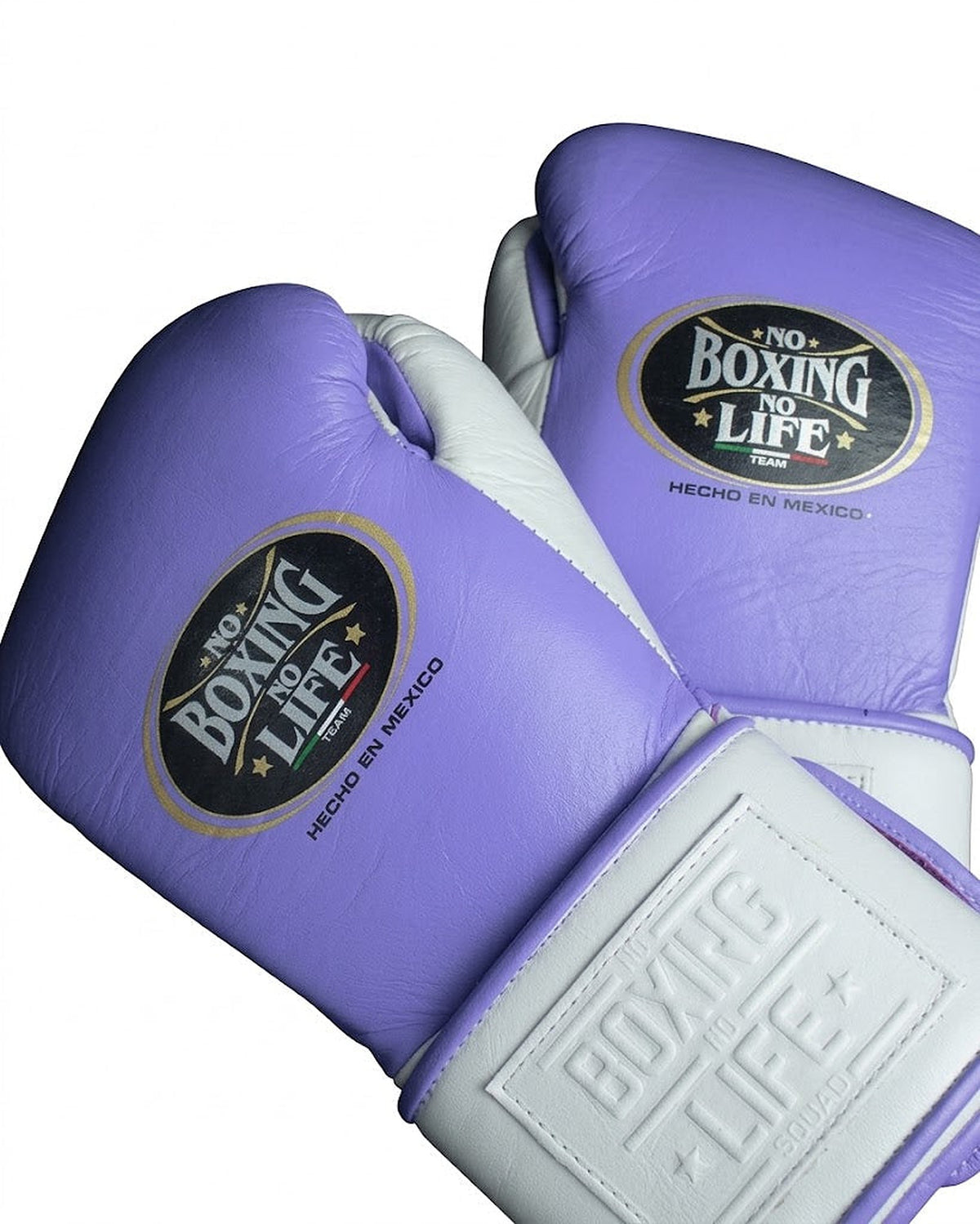 No Boxing No Life soft lilac purple lace-up boxing gloves with a white embossed cuff
