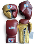 Winning burgundy and metallic gold split boxing set with lace-up gloves, headgear and groin guard