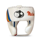 Grant cream white lace-up boxing gloves, headgear and groin guard with rainbow striped cuffs and sample name - side view