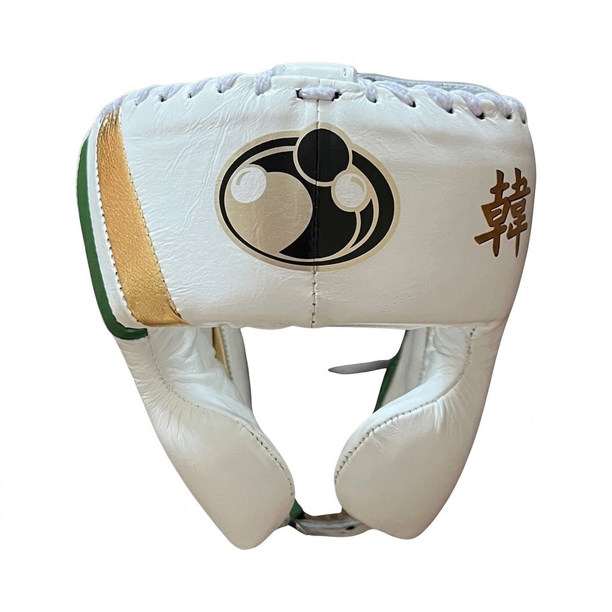 Grant white lace-up gloves and headgear with gold and green trim and a decorative character print - palm and closure detail