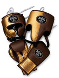 No Boxing No Life lace-up boxing set split brown and metallic gold, gloves, headgear and groin guard