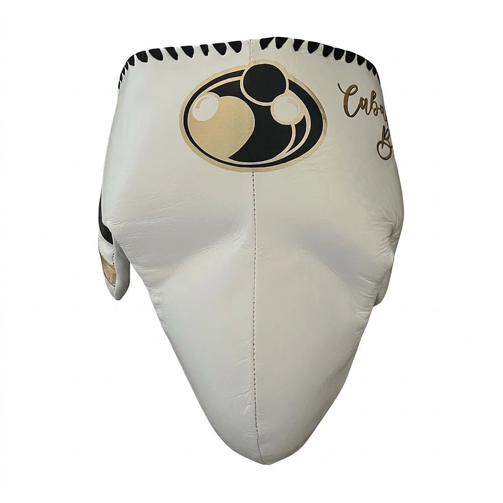 Grant cream white lace-up gloves, headgear and groin guard with gold script sample names on each piece - alternate angle