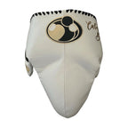 Grant cream white lace-up gloves, headgear and groin guard with gold script sample names on each piece - alternate angle