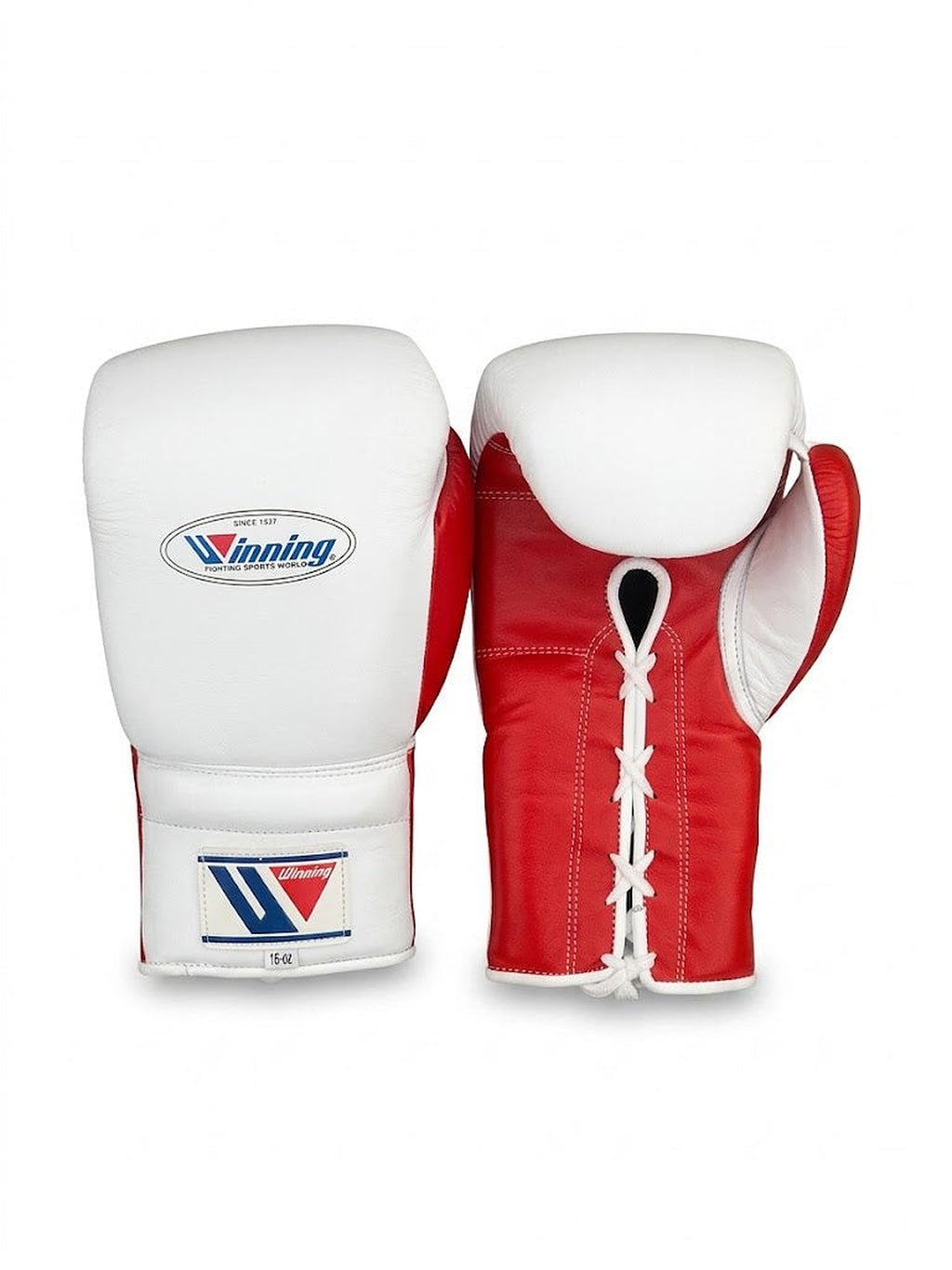Winning red and white split boxing set with lace-up gloves, headgear, groin guard and W logo - close-up of logo and cuff