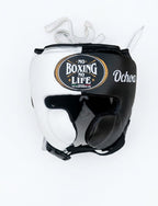 No Boxing No Life three-piece set split black and white, lace-up gloves, headgear and groin guard shown - side view