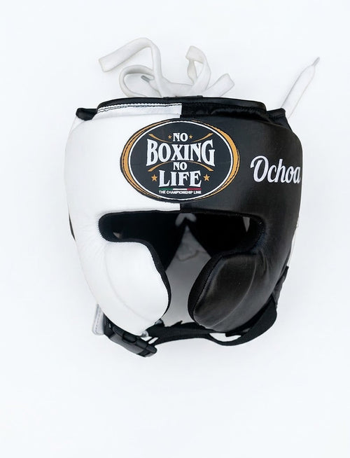 No Boxing No Life three-piece set split black and white, lace-up gloves, headgear and groin guard shown - side view