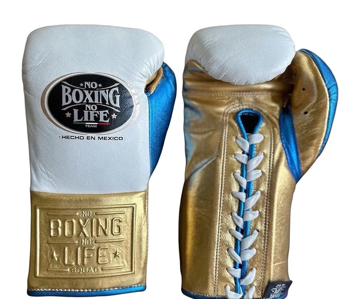 No Boxing No Life pale sky-blue lace-up boxing gloves with metallic gold palm and cuff - side view