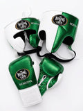 No Boxing No Life three-piece boxing set split white and metallic green, lace-up gloves with oval badge