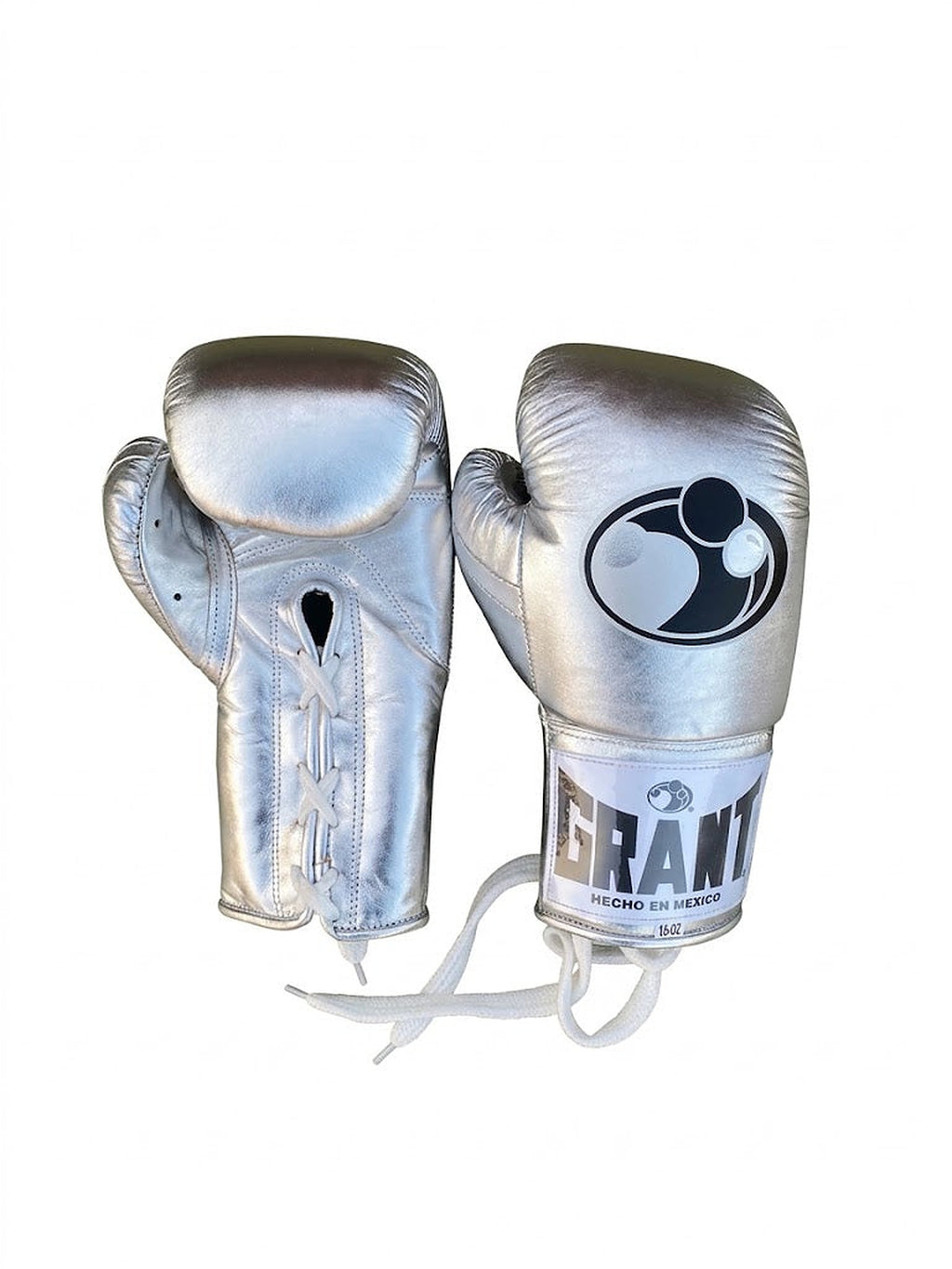 Grant lace-up boxing gloves in full chrome-silver metallic finish with white laces - side view