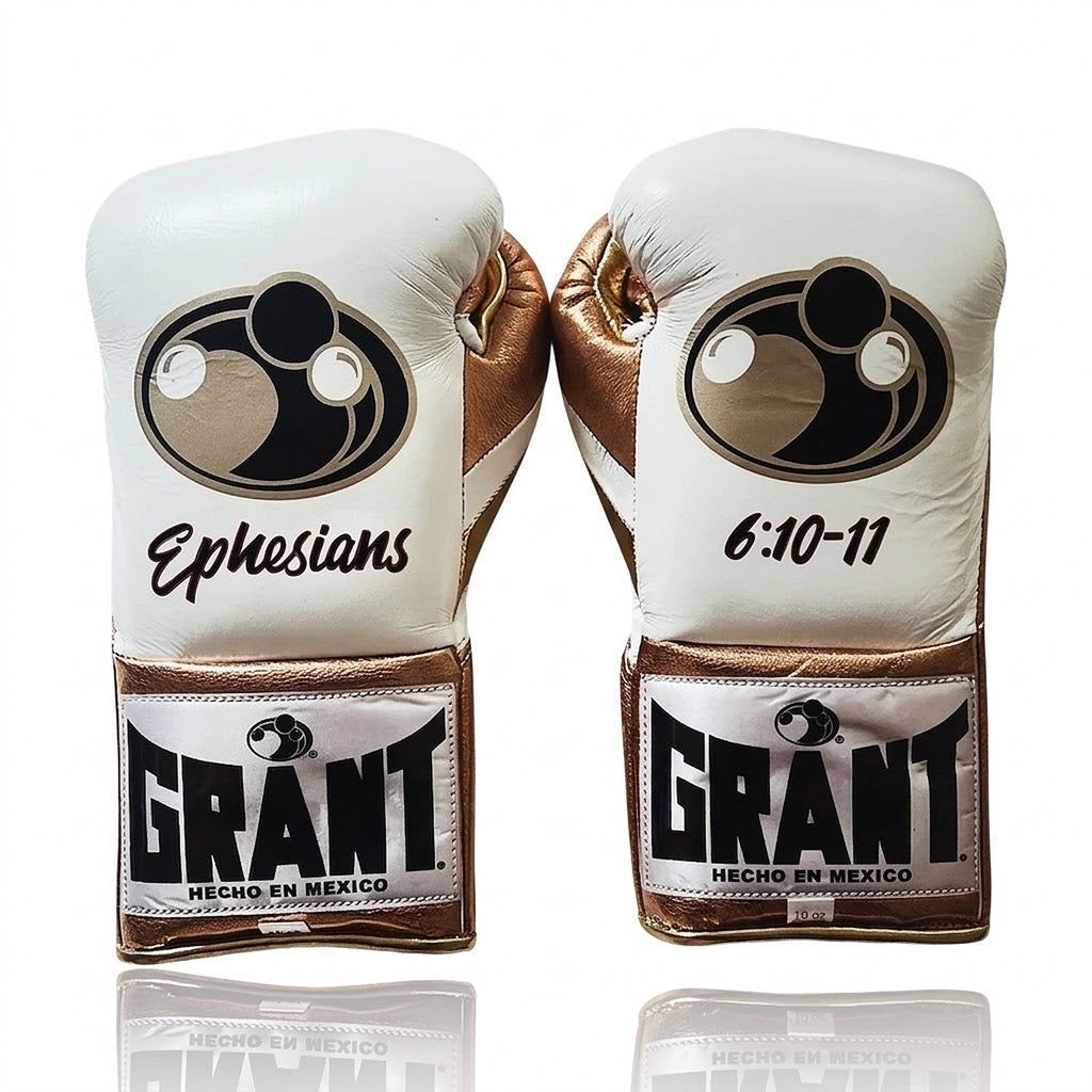 Grant white lace-up boxing gloves with metallic bronze palm, gold cuff and sample Ephesians script print - side view