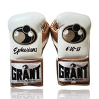 Grant white lace-up boxing gloves with metallic bronze palm, gold cuff and sample Ephesians script print - side view