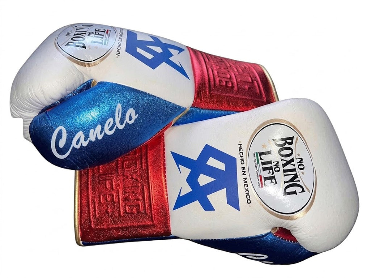 No Boxing No Life white boxing gloves with metallic blue palm, red cuff and blue monogram on the back - side view