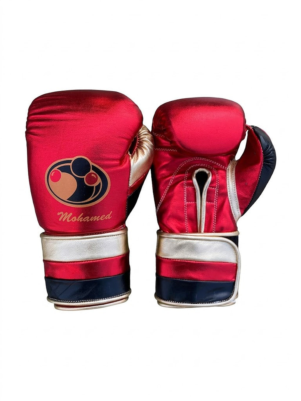 Grant metallic red lace-up boxing gloves, headgear and groin guard finished with gold trim along the edges - alternate angle