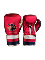 Grant metallic red lace-up boxing gloves, headgear and groin guard finished with gold trim along the edges - alternate angle