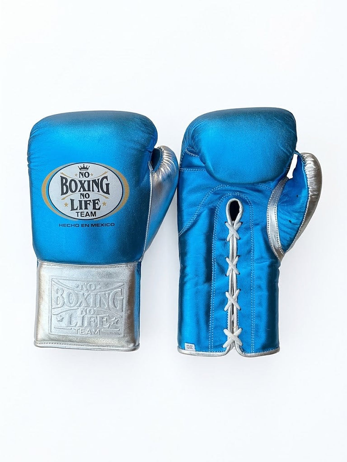 No Boxing No Life metallic sky blue lace-up gloves with champagne gold cuff and black laces - palm and closure detail