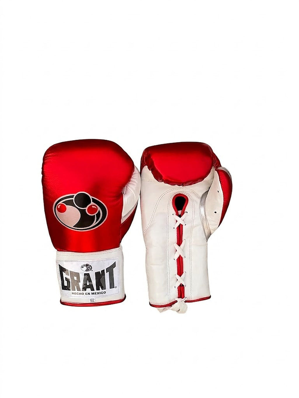 Grant boxing gloves with a metallic red back, white palm and red laces - side view