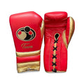 Grant bright red lace-up boxing gloves with gold cuff band, gold accents and sample Team name print