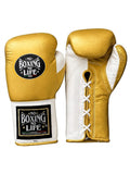 No Boxing No Life metallic gold lace-up boxing gloves with white palm and black cuff patch