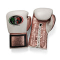 No Boxing No Life lace-up boxing gloves with white back and metallic rose-gold palm and cuff
