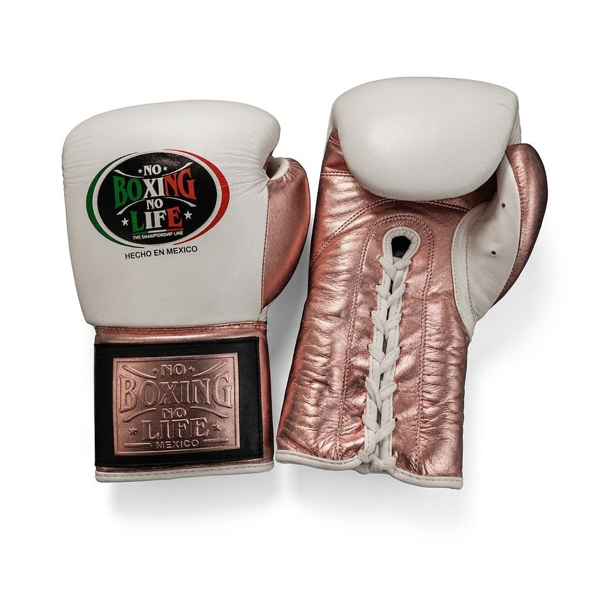 No Boxing No Life lace-up boxing gloves with white back and metallic rose-gold palm and cuff