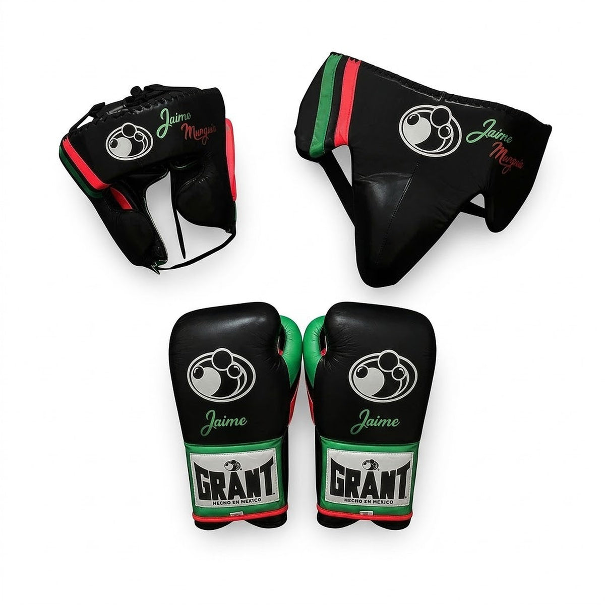 Grant black lace-up gloves, headgear and groin guard with green and red tricolor trim
