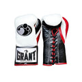 Grant lace-up gloves with white back, black palm, red thumb and cuff accents and red laces
