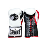 Grant Fight Gloves in White, Black Palm and Red Laces