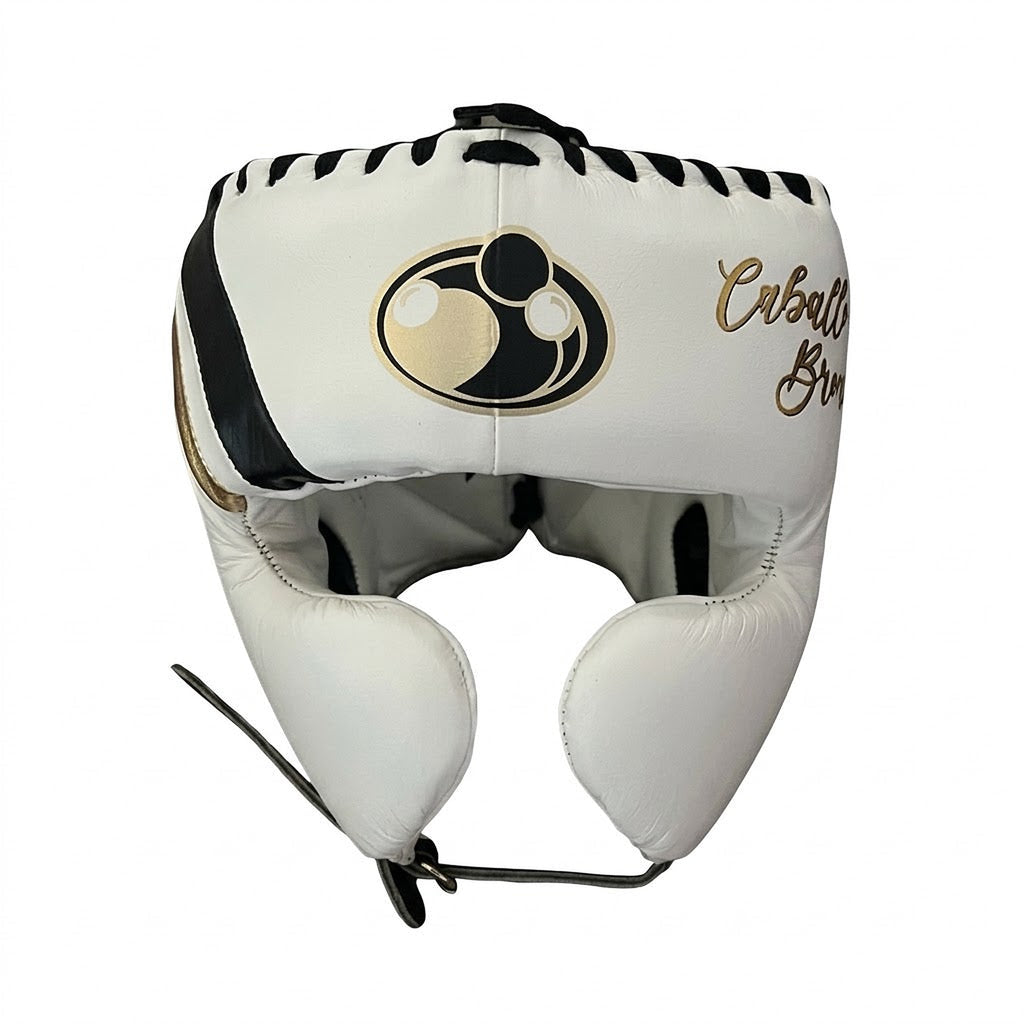 Grant cream white lace-up gloves, headgear and groin guard with gold script sample names - close-up of logo and cuff