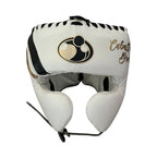 Grant cream white lace-up gloves, headgear and groin guard with gold script sample names - close-up of logo and cuff
