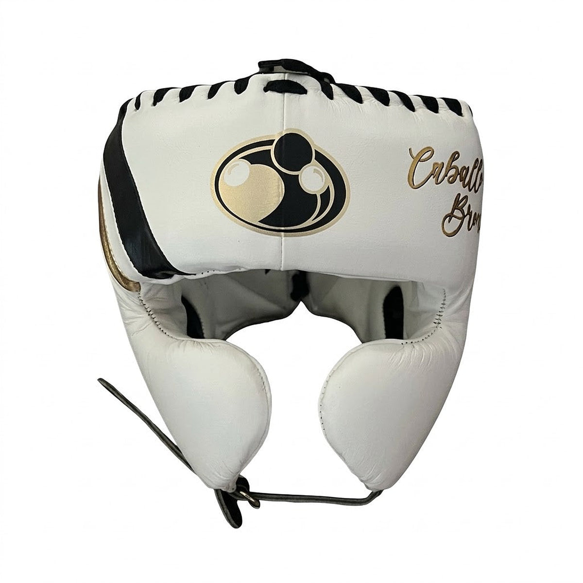 Grant cream white lace-up gloves, headgear and groin guard with gold script sample names - close-up of logo and cuff