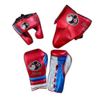 Grant metallic red lace-up gloves, headgear and groin guard with white and blue stripes across each piece