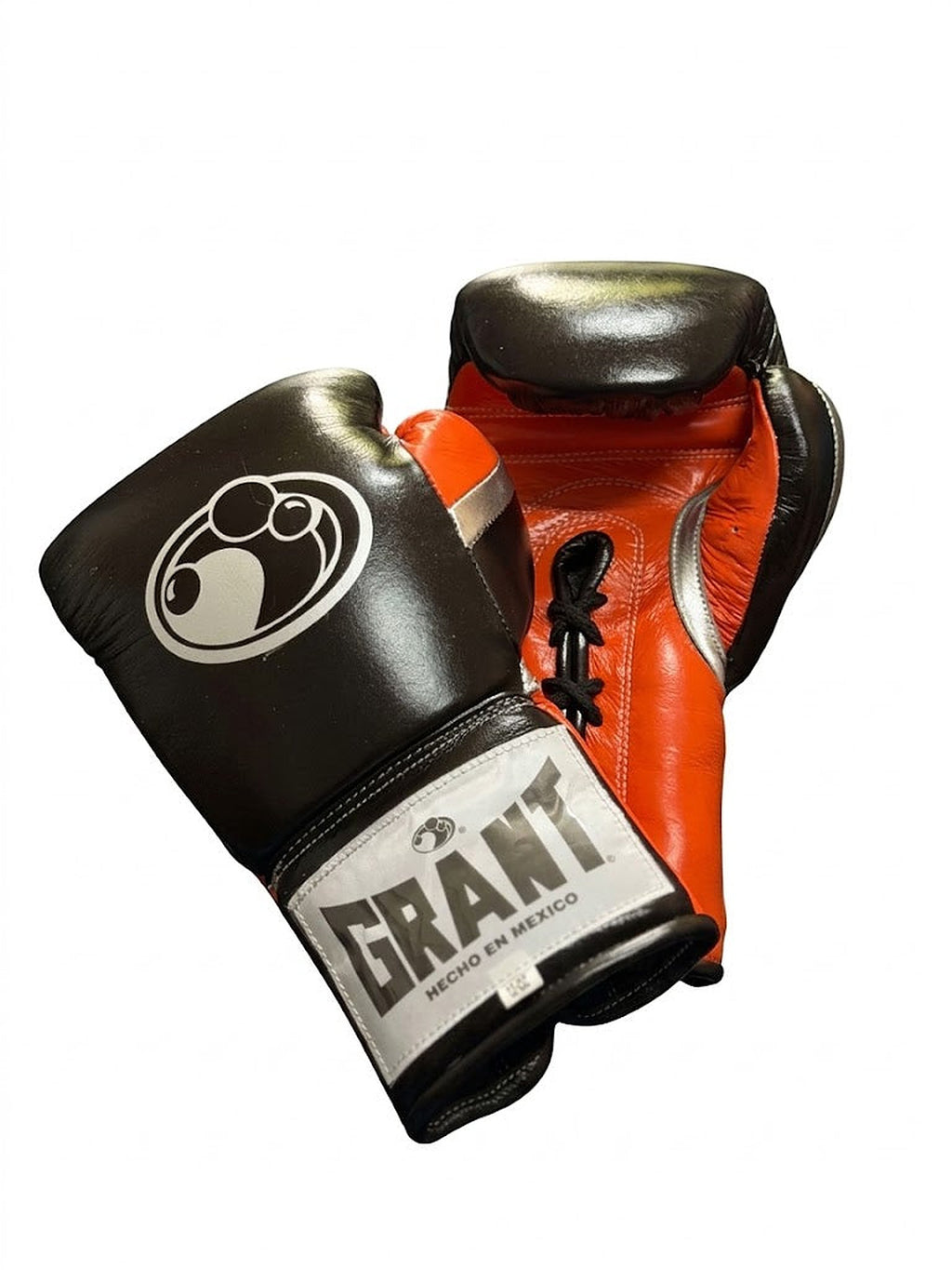 Grant boxing gloves with black back, bright high-visibility orange palm and black laces, lace-up style - side view