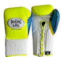No Boxing No Life neon yellow lace-up gloves with white palm and cuff and a blue inner thumb