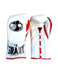 Grant white lace-up boxing gloves with thin red seam piping and a red trim around the cuff