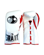 Grant white lace-up boxing gloves with thin red seam piping and a red trim around the cuff