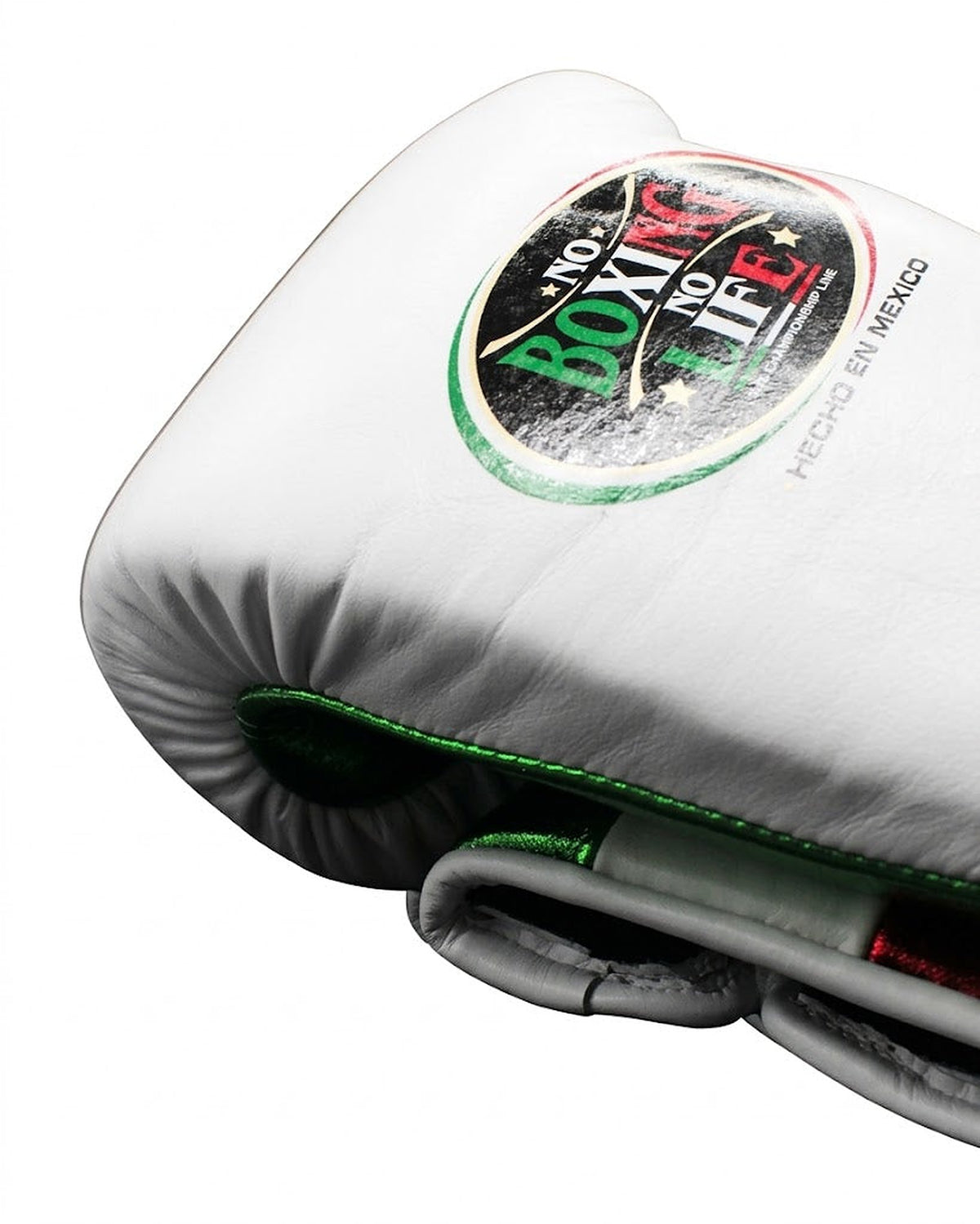 No Boxing No Life white boxing gloves with a green and red tricolor palm and lace-up closure - side view