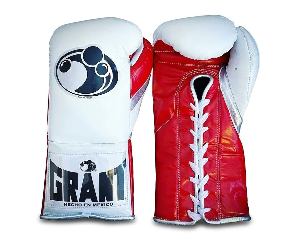 Grant boxing gloves with white back, red palm and white laces running down the palm, lace-up style