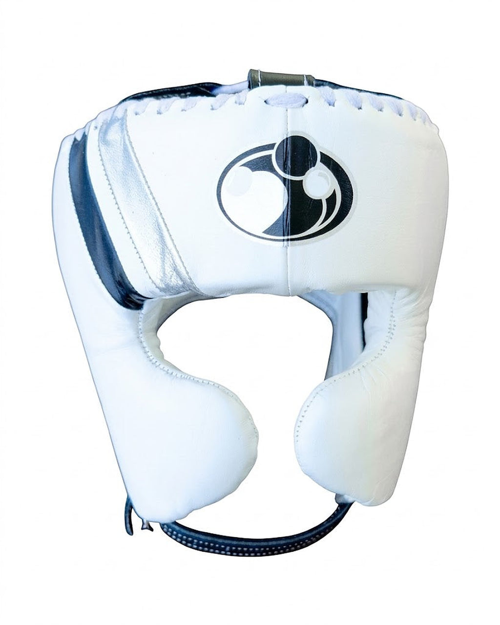 Grant white lace-up boxing gloves, white headgear and white groin guard outlined with black trim - side view