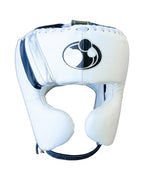 Grant white lace-up boxing gloves, white headgear and white groin guard outlined with black trim - side view