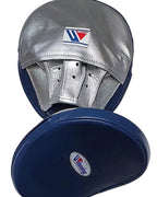 Winning metallic silver curved focus mitts with navy rim around the striking face, shown as a pair - second angle