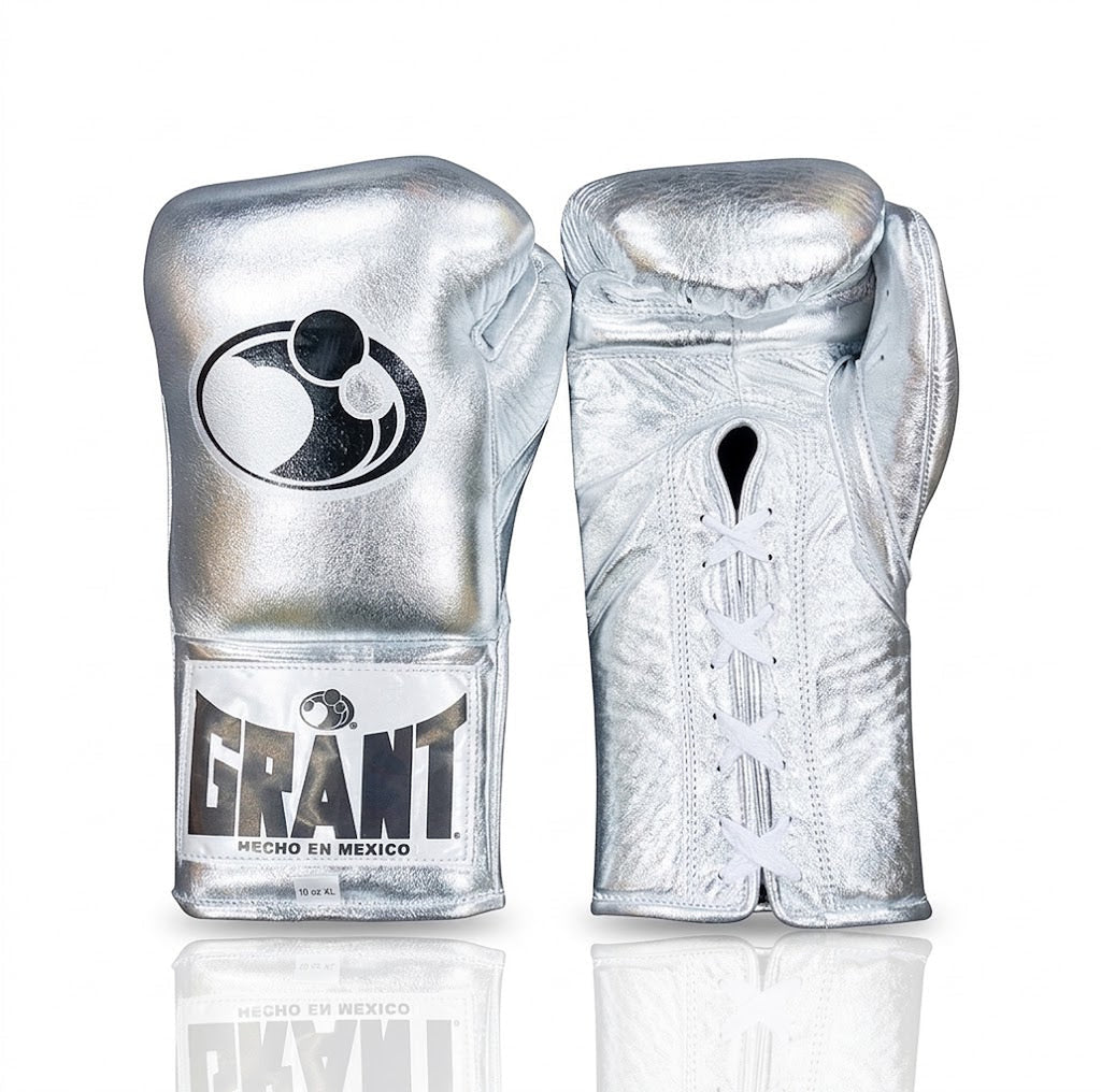 Grant lace-up boxing gloves in full chrome-silver metallic finish with white laces