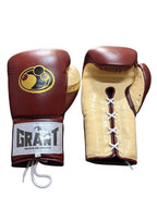 Grant chocolate brown boxing gloves with cream palm and white laces giving a vintage lace-up look - side view