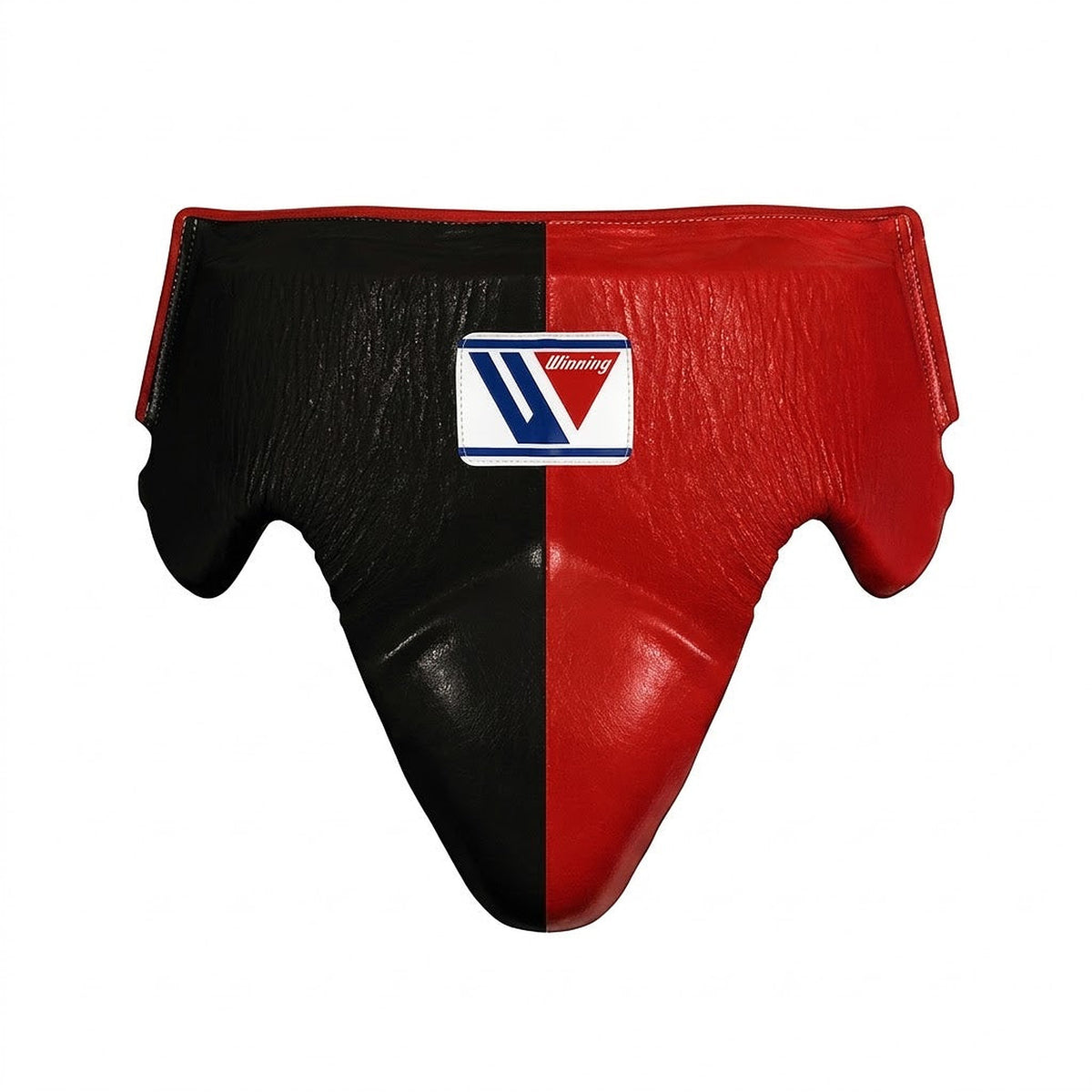 Winning groin protector split vertically, half solid black and half solid red, with a wide waistband
