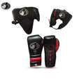 Grant black boxing set with red trim including lace-up gloves, headgear and groin guard laid out together